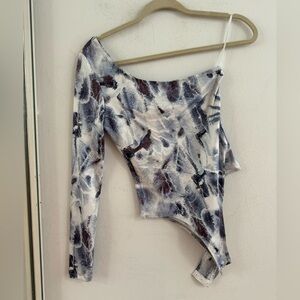 SHEIN Blue and White Asymmetrical Bodysuit Top